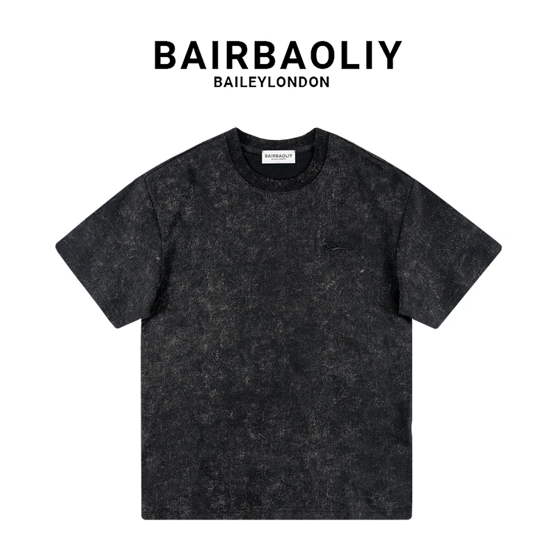 BAIRBAOLIY扎染氛围感潮牌刺绣胸标高品质痞帅纯色短袖T恤男修身