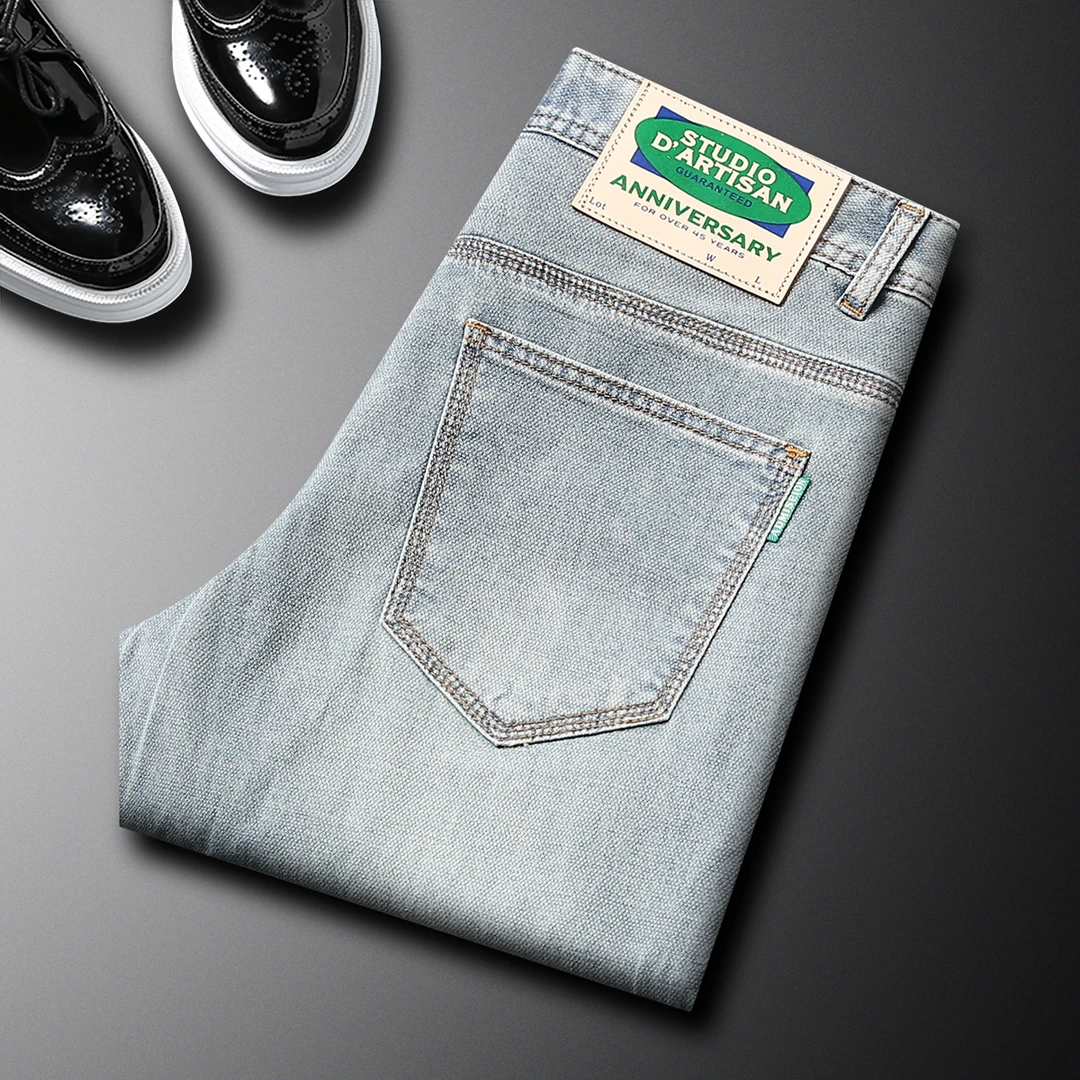 约文库费高端时尚春夏季男款牛仔裤浅蓝长裤修身直筒休闲百搭九分