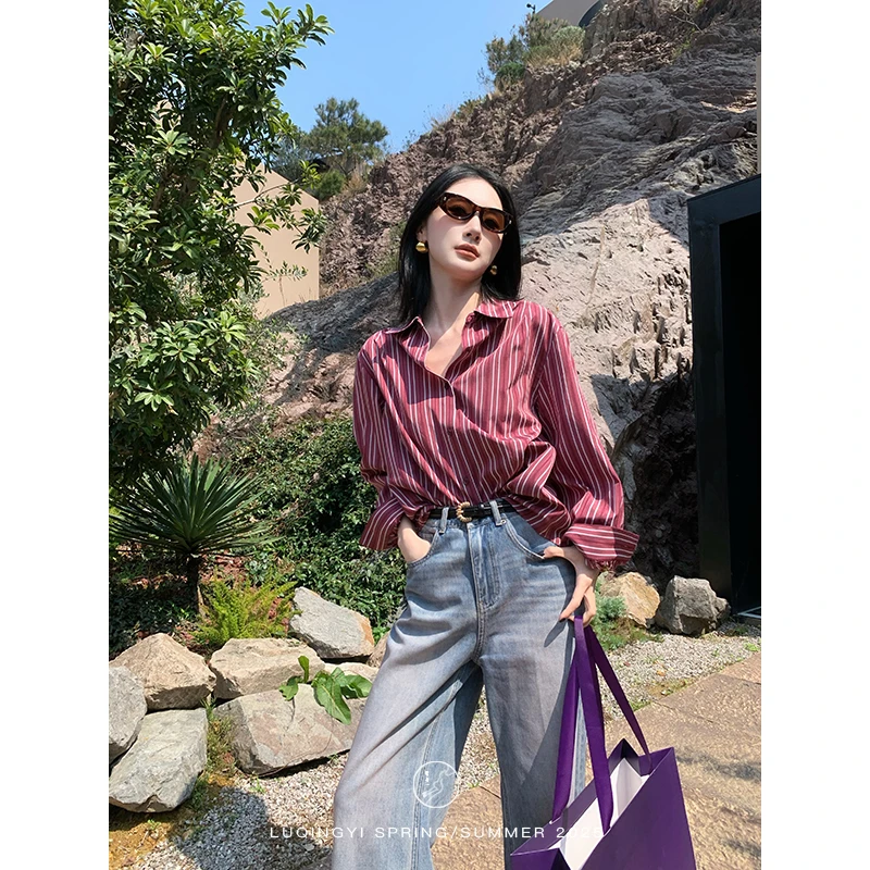 鹭青一原创【遇故知】条纹衬衫女春夏复古长袖蓝色外套 L25C0599L