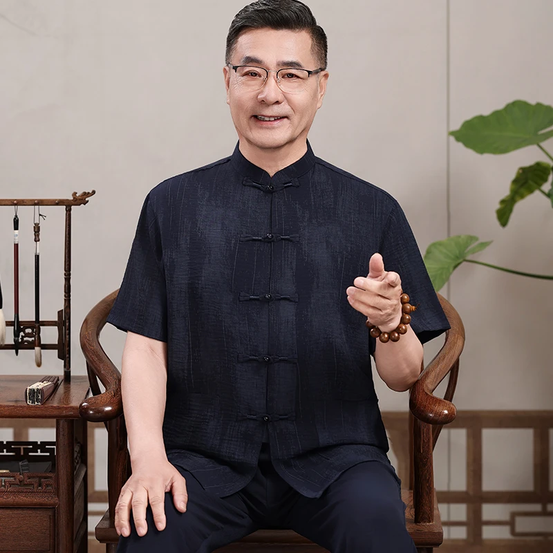 唐装男中老年人短袖爸爸夏装中国风套装夏季爷爷套装父亲衬衫上衣