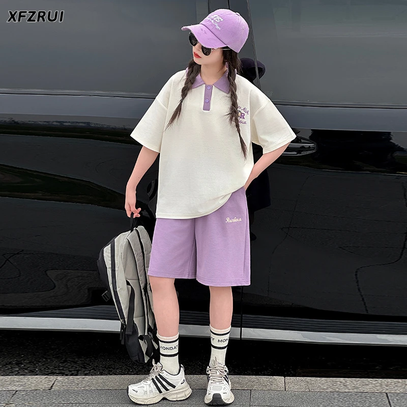 女童套装夏装2025新款儿童洋气Polo领T恤中大童运动短裤两件套潮