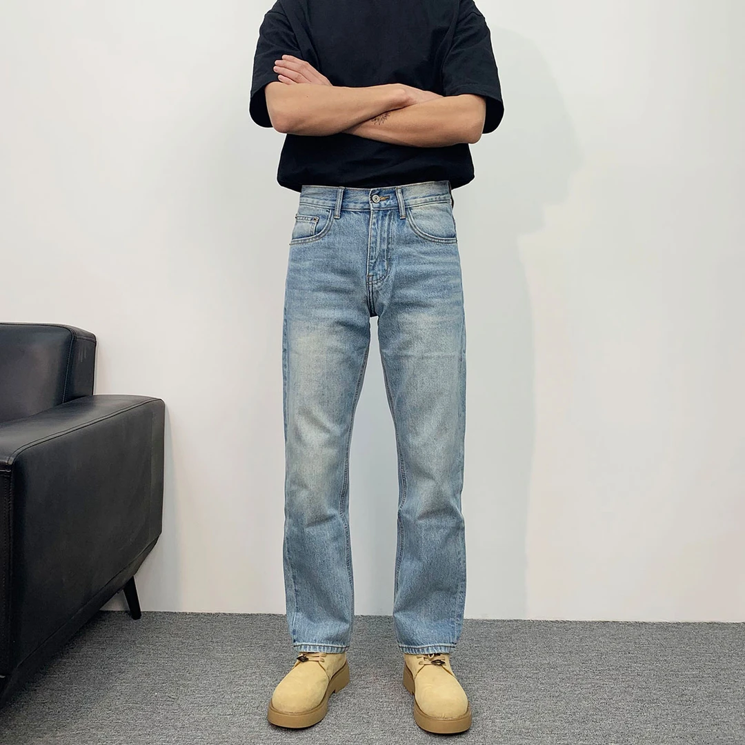 春季cleanfit水洗浅色牛仔裤男士美式休闲宽松直筒百搭vibe风裤子