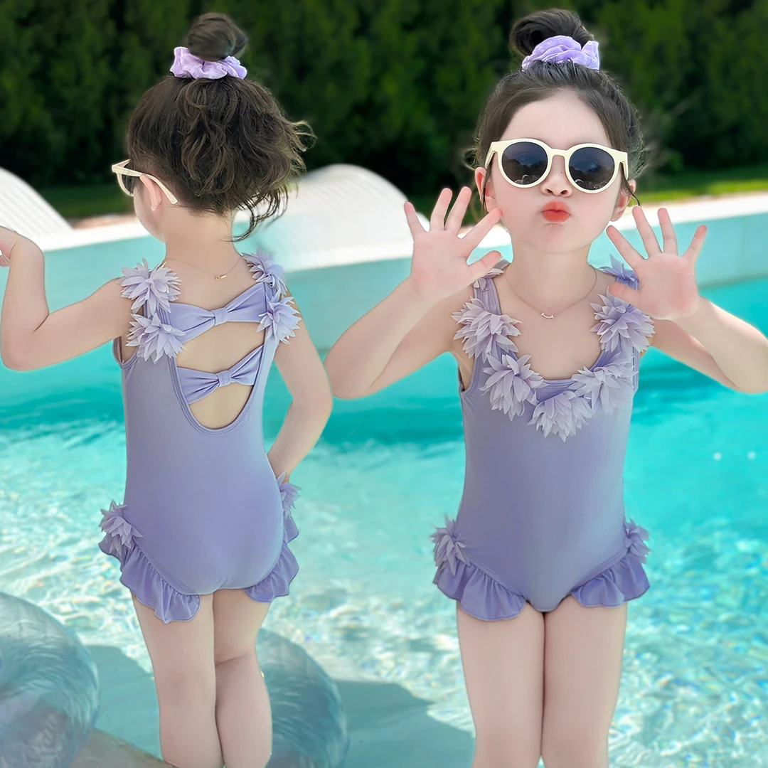 女童泳衣夏季薄款2025新款女宝美背连体游泳衣无袖洋气花边儿童潮