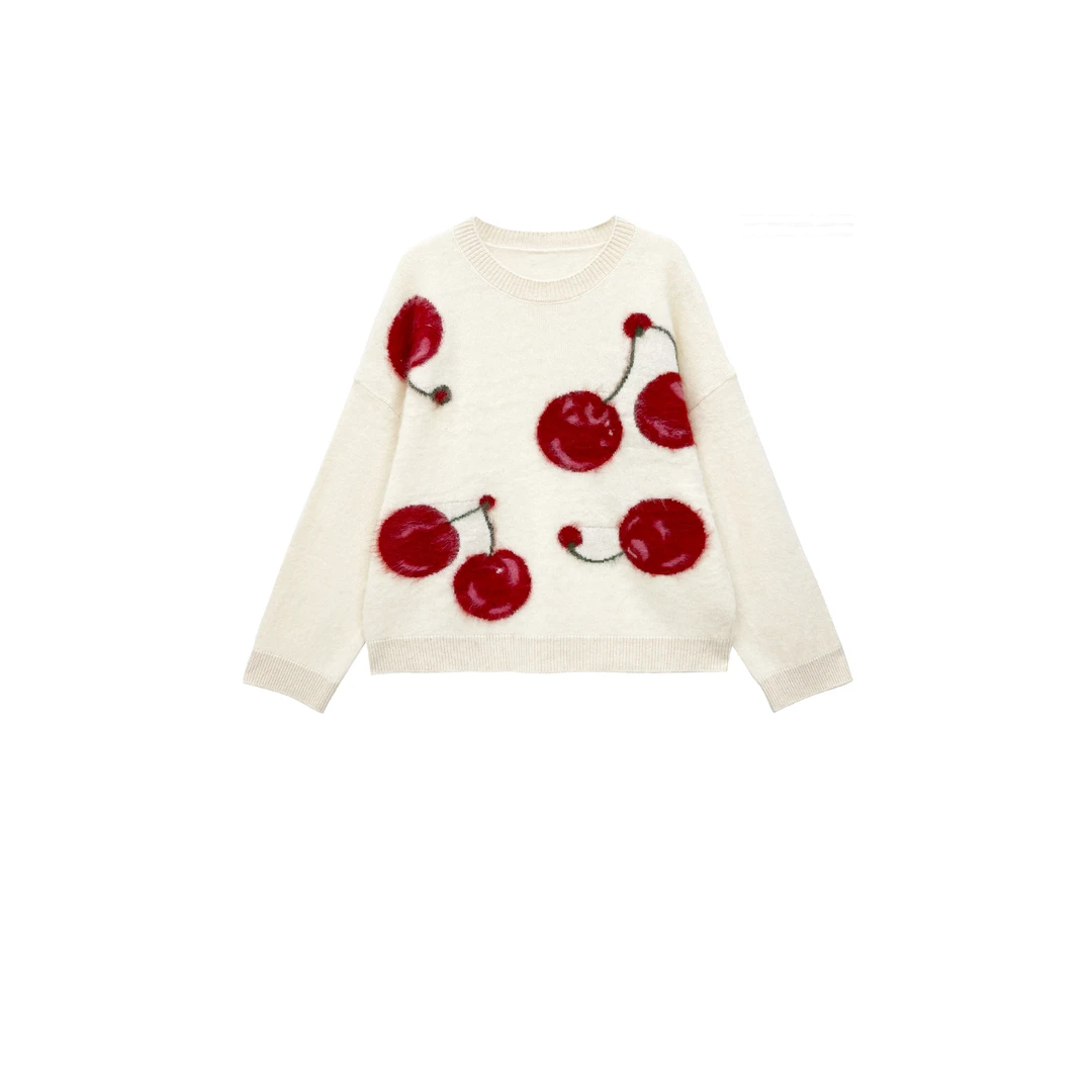 【亚楠本楠】樱桃衫◆樱桃提花加厚拉毛纯羊毛针织衫8991