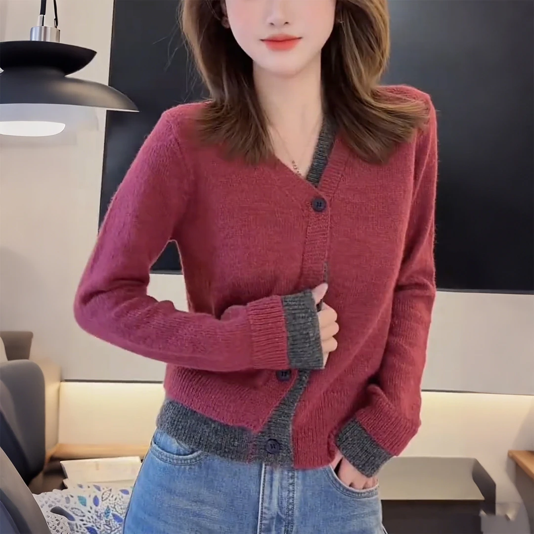 撞色假两件毛衣针织开衫女士秋冬季新款高级时尚独特好看漂亮上衣