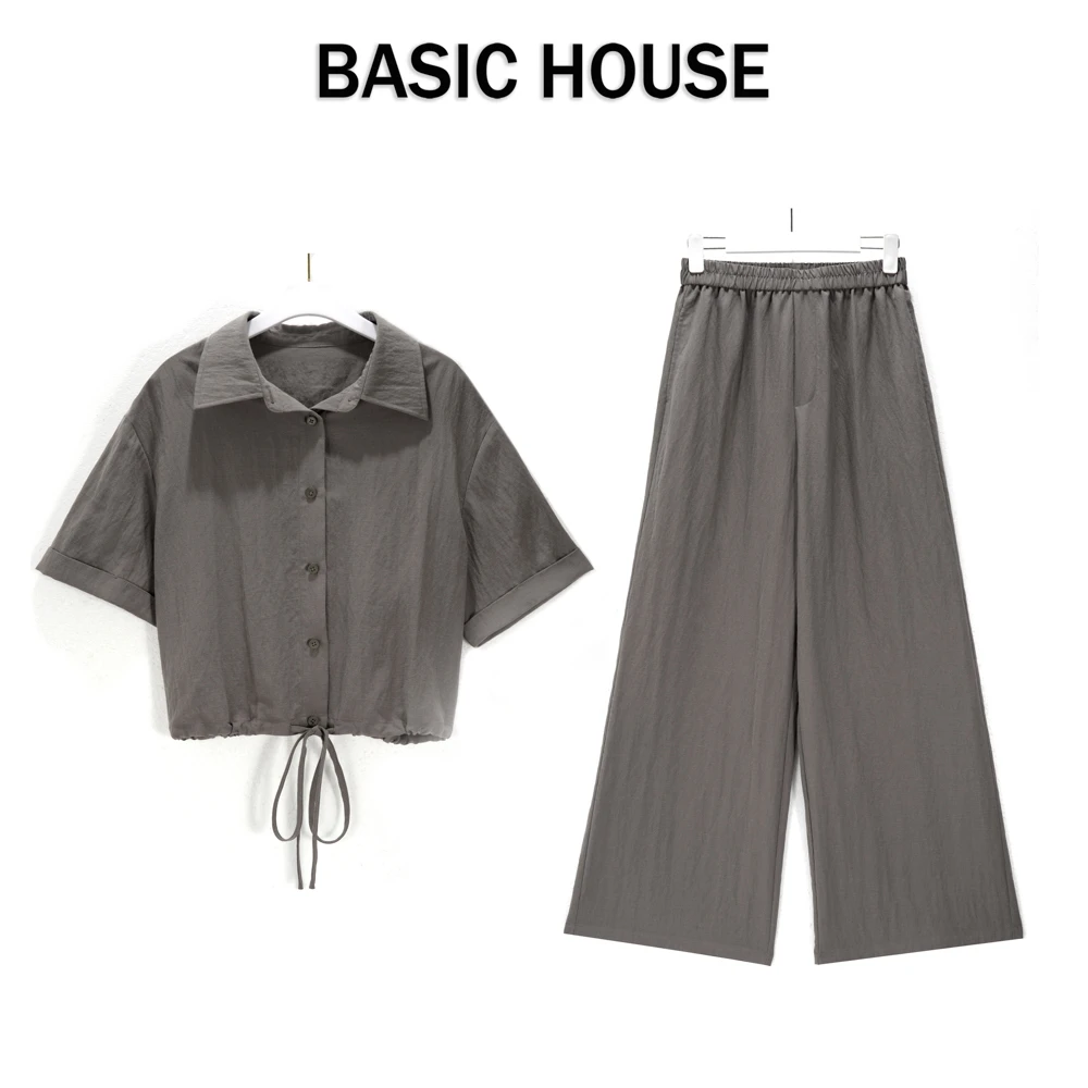 Basic House/百家好CSM休闲韩系短袖衬衣显瘦宽松阔腿裤夏季套装