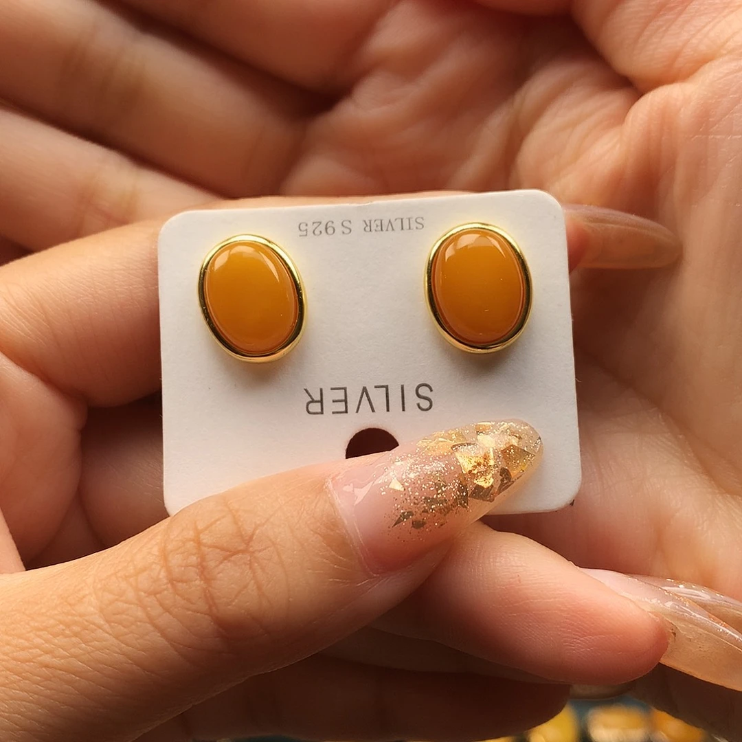 银S925镶嵌蜜蜡耳饰耳钉