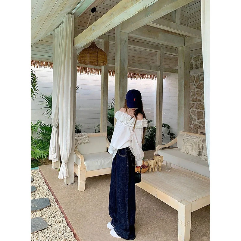 秋季温柔风气质一字肩宽松长袖衬衫高腰显瘦休闲短裤做旧牛仔裤女