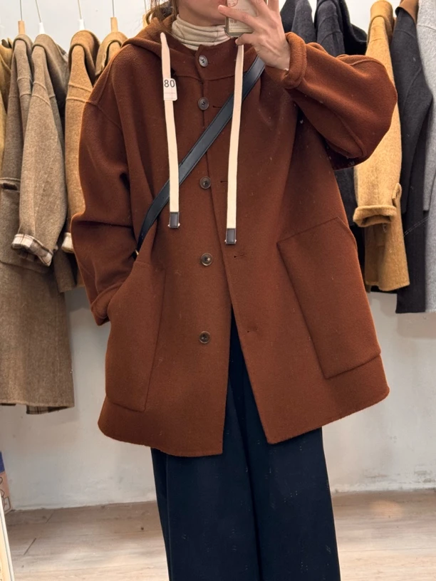 女宽松型连帽毛呢外套上衣秋冬冬季休闲外套短款呢大衣
