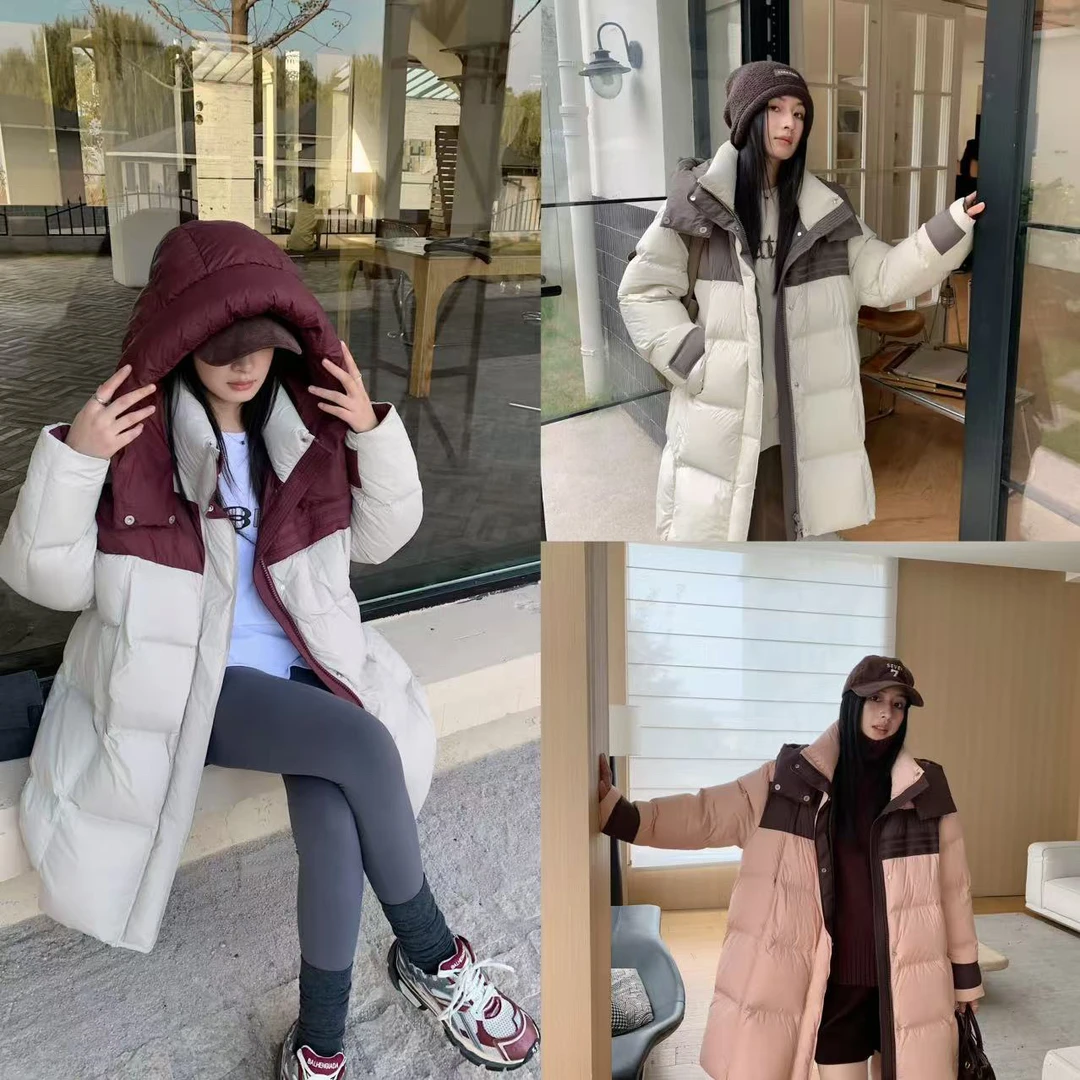 90白鸭绒 中长拼色连帽羽绒服HY-893
