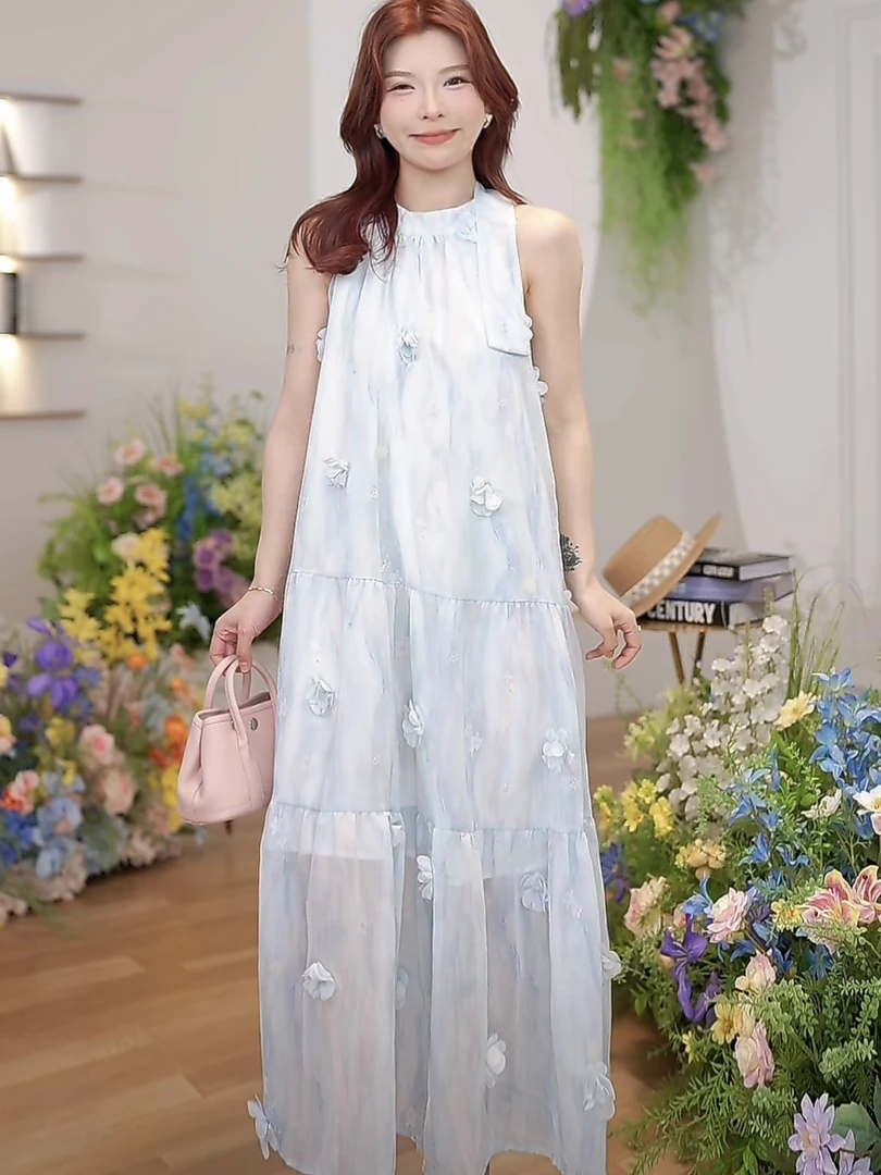 【云间诗】温柔超仙花朵无袖长裙