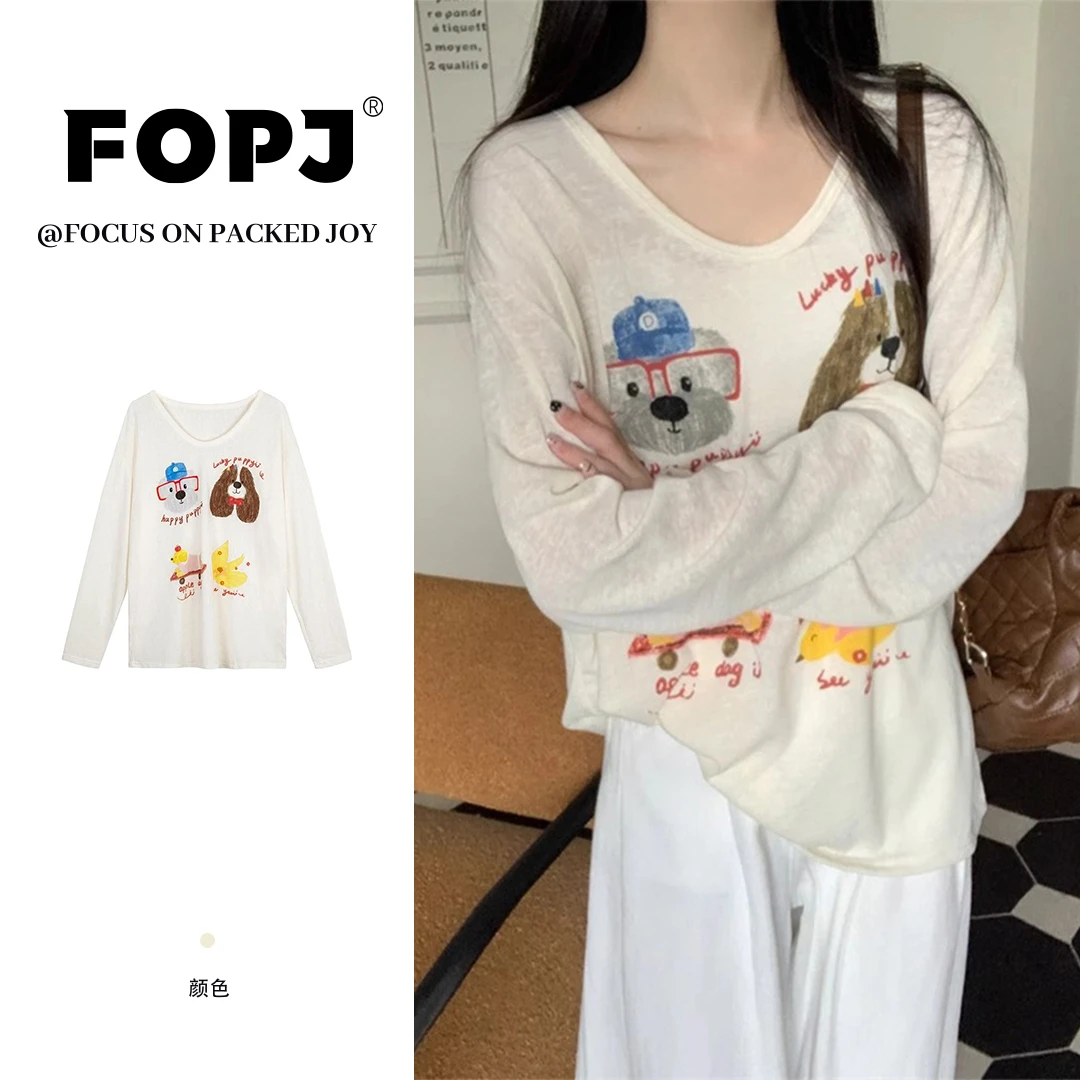 FOPJ韩版卡通印花长袖T恤女夏季新款防晒罩衫慵懒风宽松百搭上衣