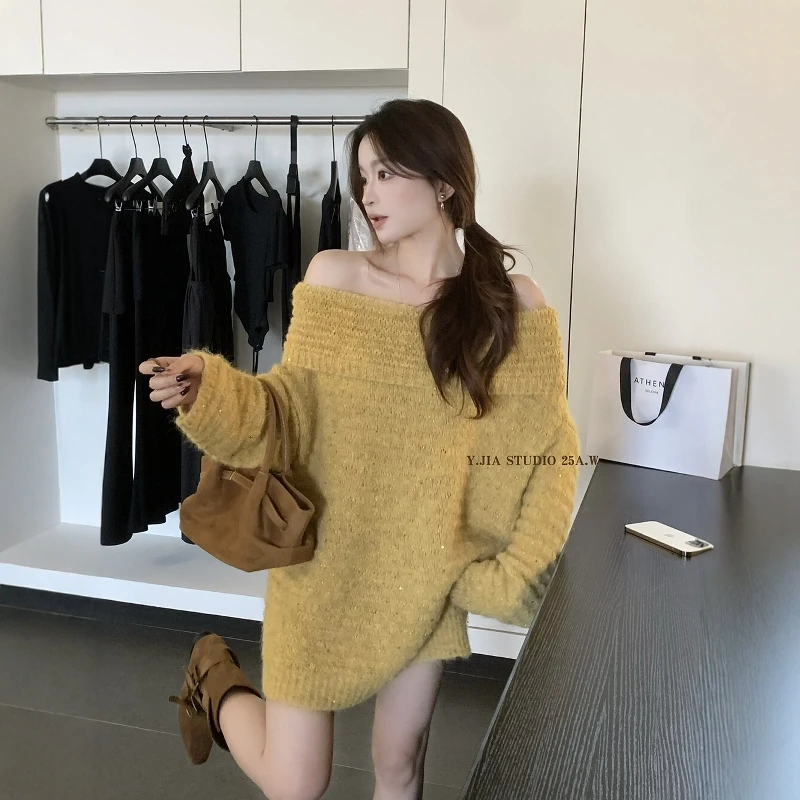 韩系慵懒风一字领别致显瘦露肩亮片纱针织衫上衣纯欲风毛衣女秋季