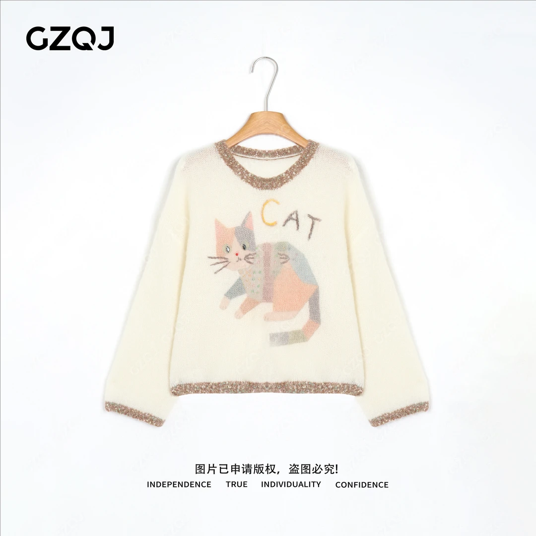 老琴私服【七彩小喵】卡通小猫咪减龄宽松马海毛针织衫毛衣9532