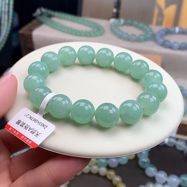 翡翠未镶嵌手链冰果绿，漏
