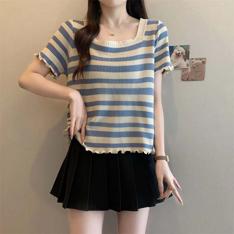 大码女装撞色条纹木耳边方领短袖t恤夏季新款胖妹妹显瘦短款上衣