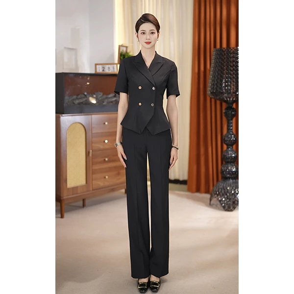 雯雯夏季深藏青短袖高级感西装套装女气质显瘦修身女神范通勤穿搭
