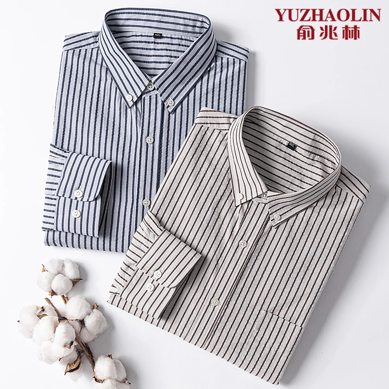 俞兆林【纯棉泡泡纱】男士抗皱长袖衬衫春秋新款商务休闲条纹男衬衣