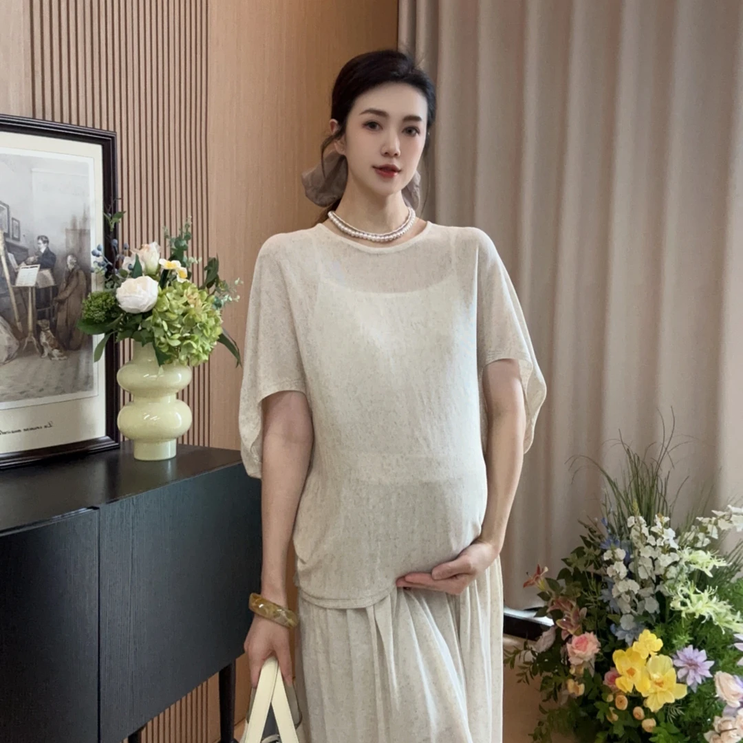 Zoey孕妇装［伊甸园］夏季微透冰麻凉感丝孕妈妈宽松大码半裙套装