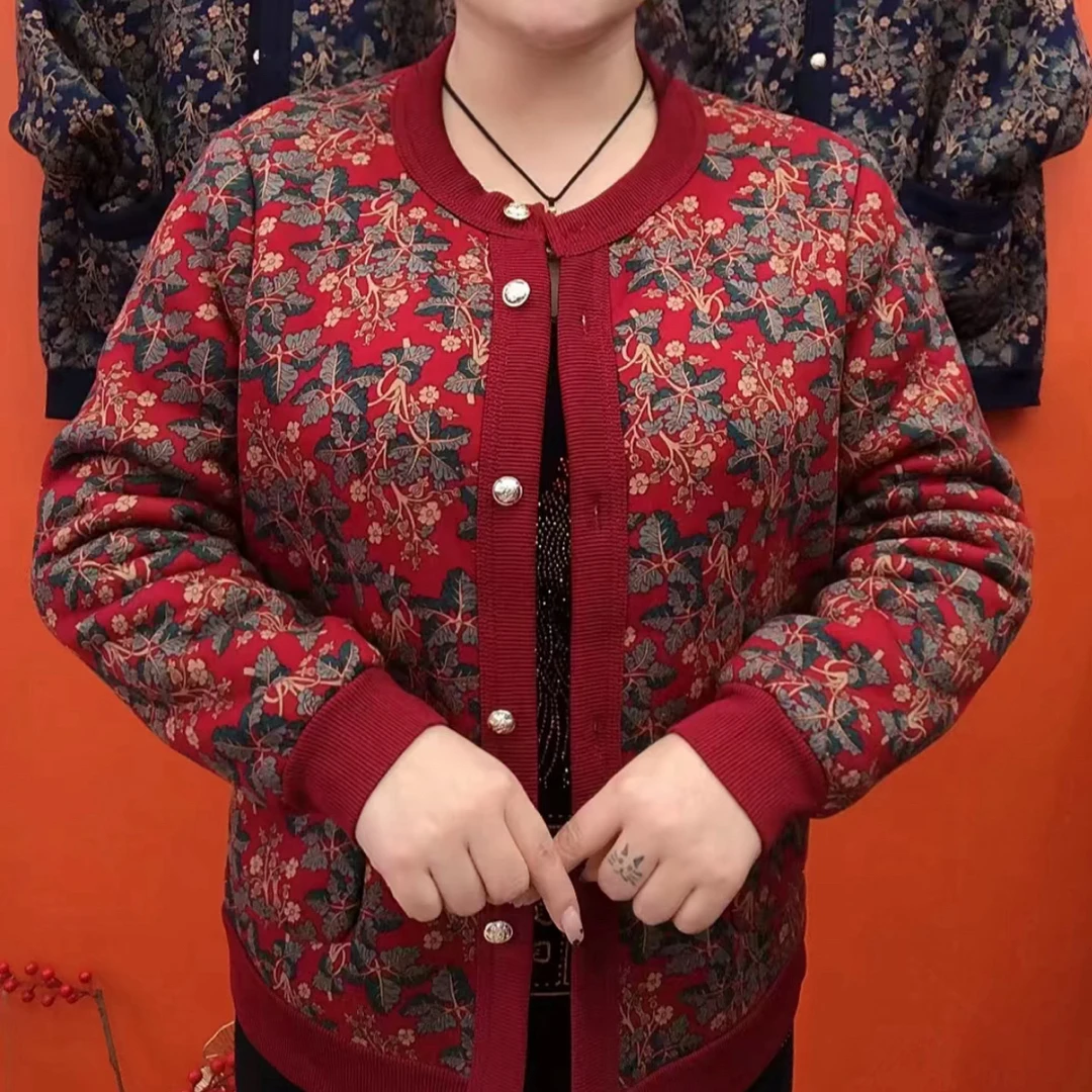 秋冬新款保暖加绒加厚中老年开衫老太太保暖上衣宽松舒适妈妈装