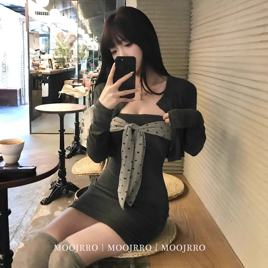 pinkmoon||纯欲辣妹套装女秋小个子修身包臀连衣裙长袖开衫两件套