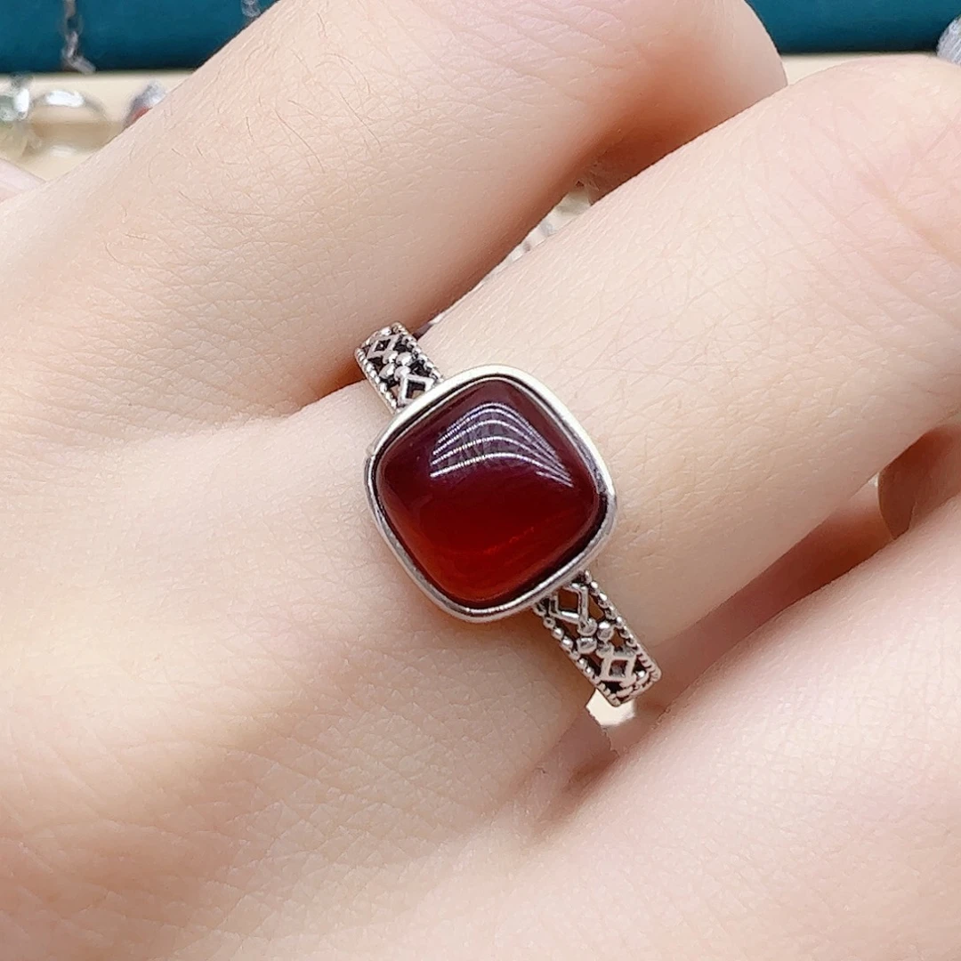 血珀戒指银S925镶嵌天然