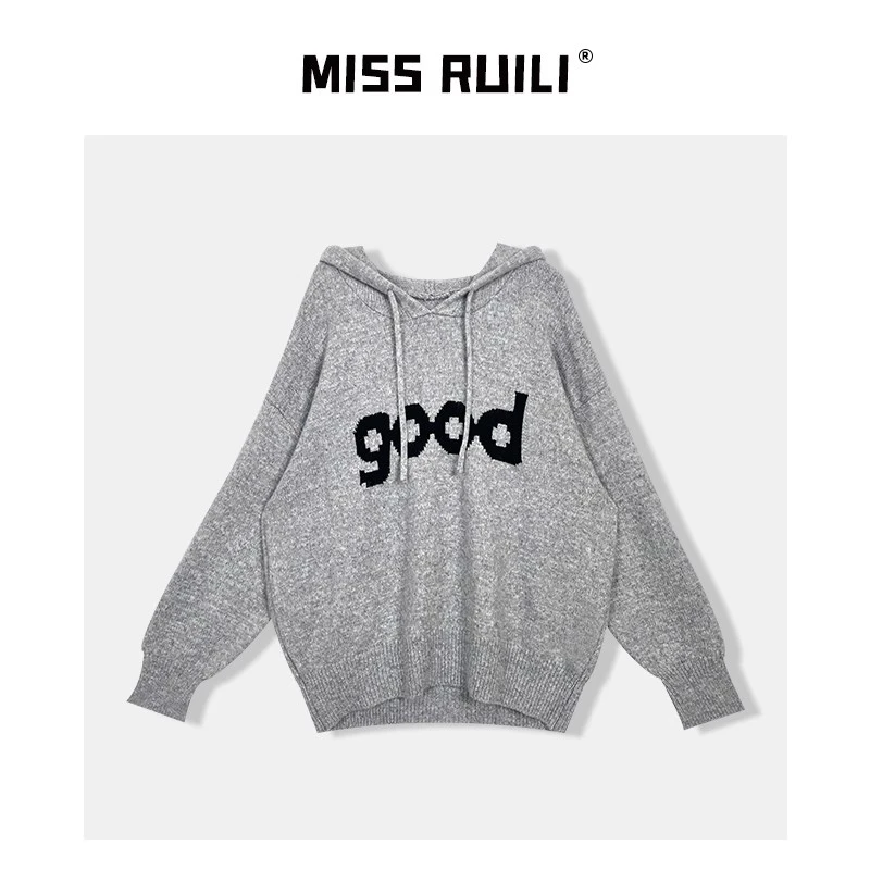 MISS RUILI定制  复古温柔风连帽针织衫上衣软糯毛衣外套A8386