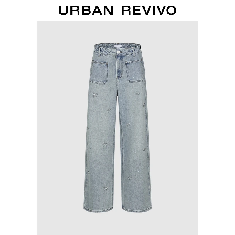 UR2025冬季新款女装休闲蝴蝶结双口袋阔腿牛仔长裤UYL850207#