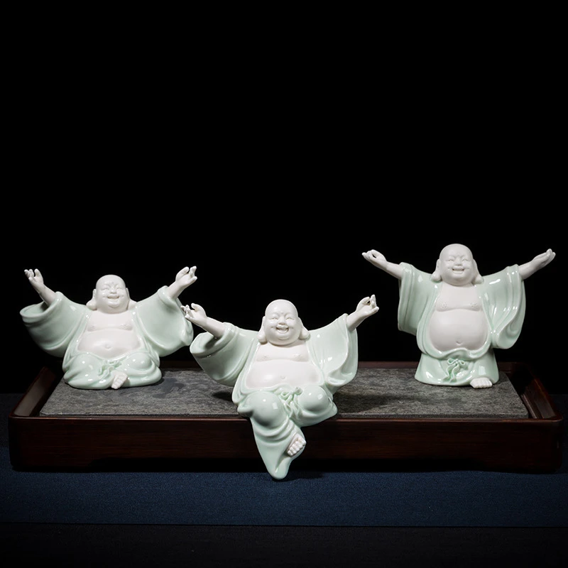 青瓷茶宠弥勒摆件手工可养茶艺家居禅意鱼缸车截盆景装饰陶瓷否无