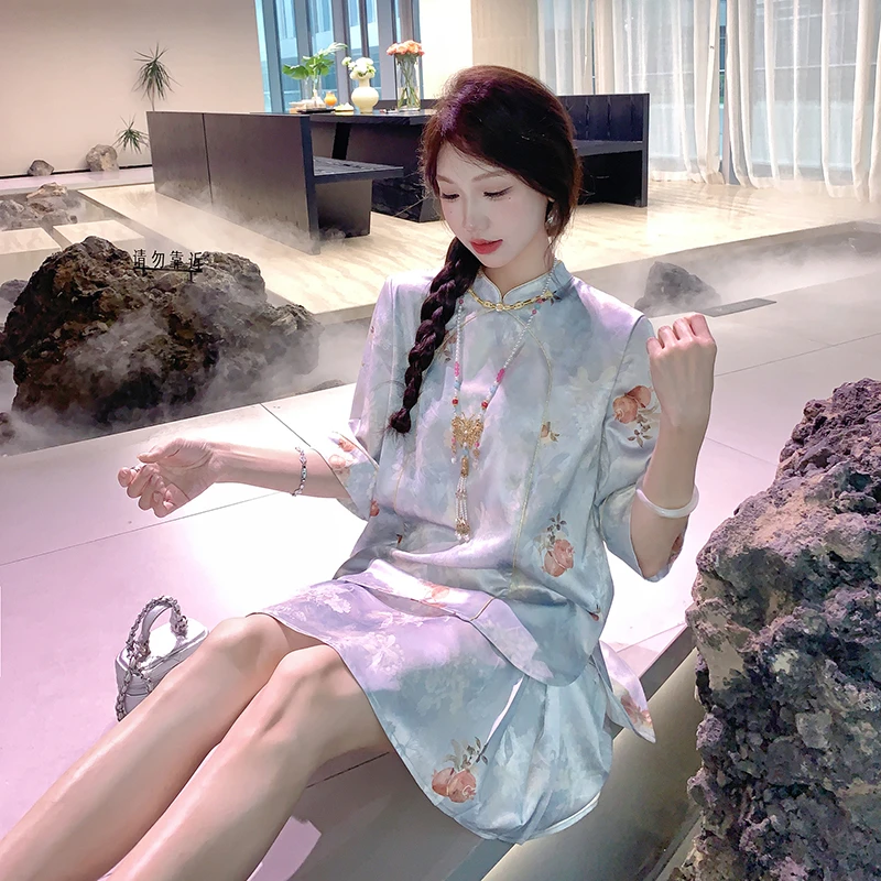 果果家【月吟霜】新中式国风2025女装夏季提花短袖圆领薄款上衣短裤