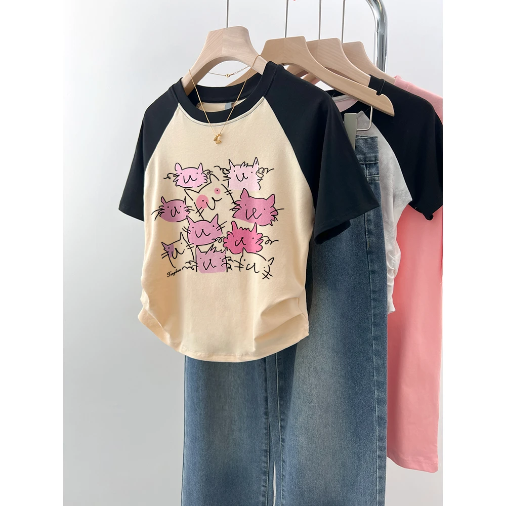 正肩撞色t恤女夏季2025新款美式复古辣妹短款修身褶皱短袖上衣ins