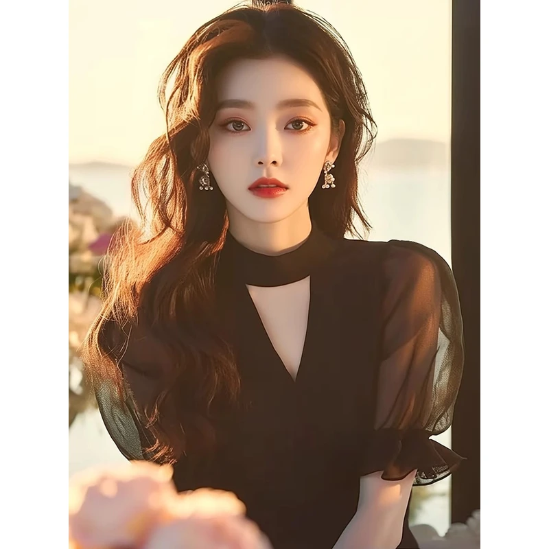 法式黑色衬衫女士短袖夏季新款泡泡袖上衣高级感镂空雪纺气质小衫