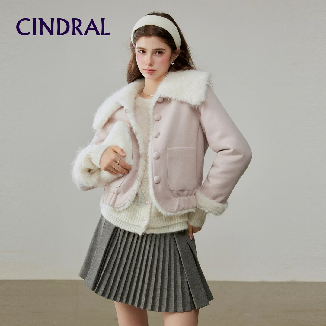 【熙地】长袖时尚短款休闲风保暖女装大衣翻领毛绒短外套C85DM0622P