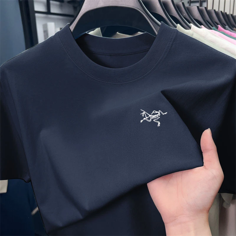 始祖刺绣鸟T恤男2025夏抗菌含棉纯色圆领凉感莱赛尔短袖打底t上衣