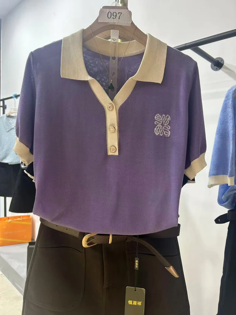 333【紫   白领翻领短袖】高级气质针织女衫