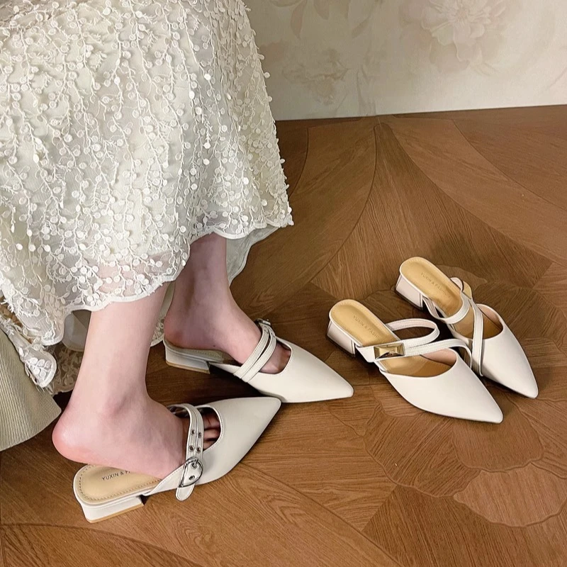 美猫汇真皮底百搭包头气质尖头半拖鞋女外穿懒人后空中粗跟穆勒鞋