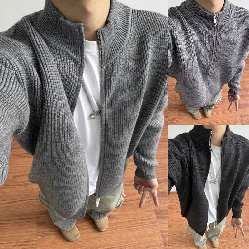 深灰色半高领开衫毛衣男款春秋叠穿内搭打底衫外套cleanfit针织衫