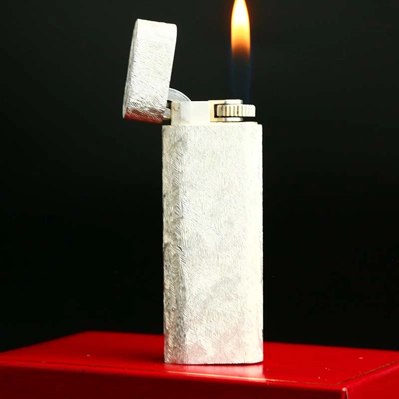 充气打火机镀银锉刀纹长款圆柱高档时尚男士复古个性便携窄机点火