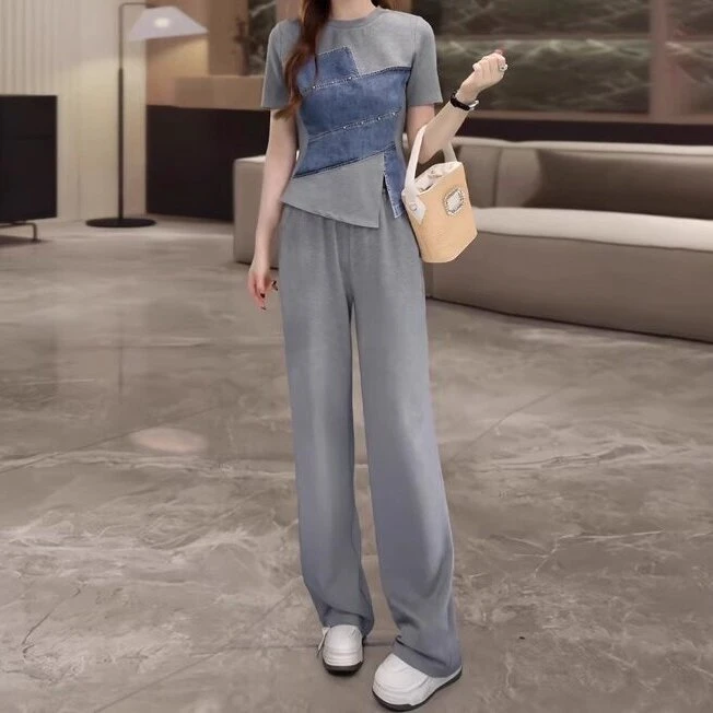 欧货漂亮休闲运动套装女夏季时髦显瘦牛仔拼接上衣阔腿裤两件套装