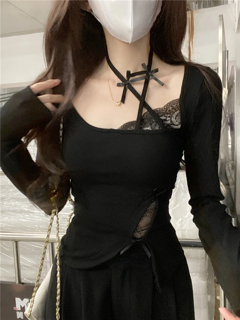 【现货】bm风辣妹蕾丝拼接长袖挂脖打底衫女春季修身显瘦内搭上衣