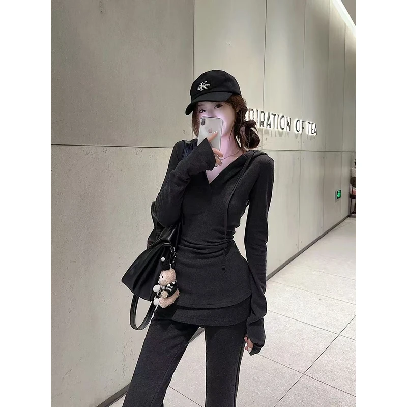【辣妹两件套】连帽卫衣套装高腰微喇休闲裤美式黑灰色修身