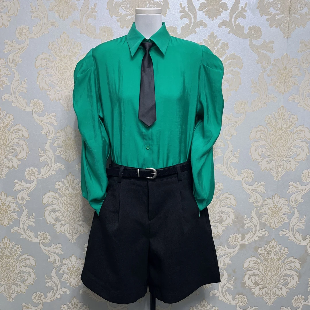 时尚翻领泡泡袖极简风长袖衬衫百搭纯色衬衫上衣