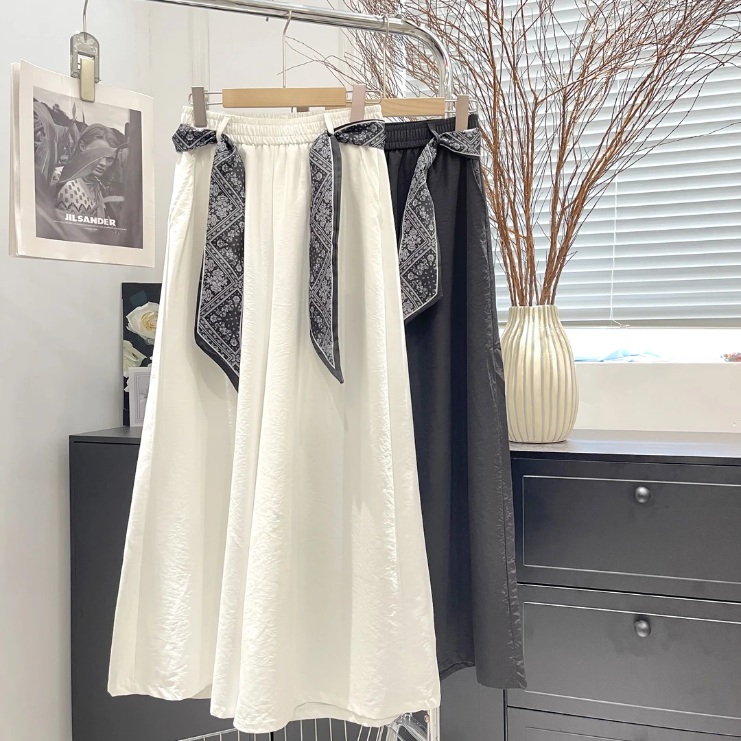 芊芊大码夏季新款高腰丝巾飘带松紧腰宽松阔腿休闲裤百搭【FH0017】