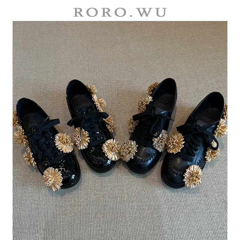 娆娆吴·头层牛皮花朵气质休闲百搭时尚舒适粗跟系带日常单鞋A120