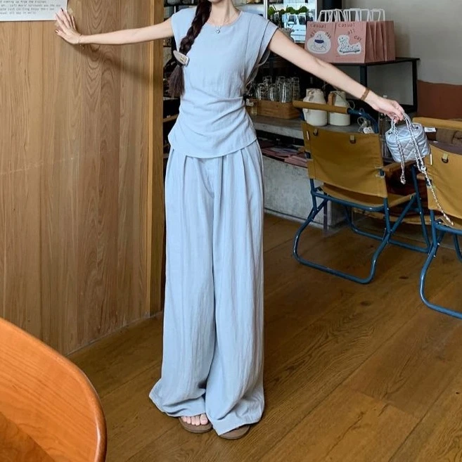 百感质套装纯色休闲装女显瘦收腰无袖衬衫上衣高腰阔腿长裤两件套