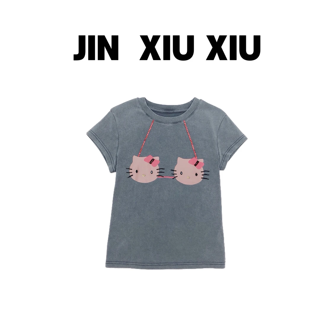 JINXIUXIU  春夏新款设计感立体装饰kitty猫韩系甜美短袖T恤901