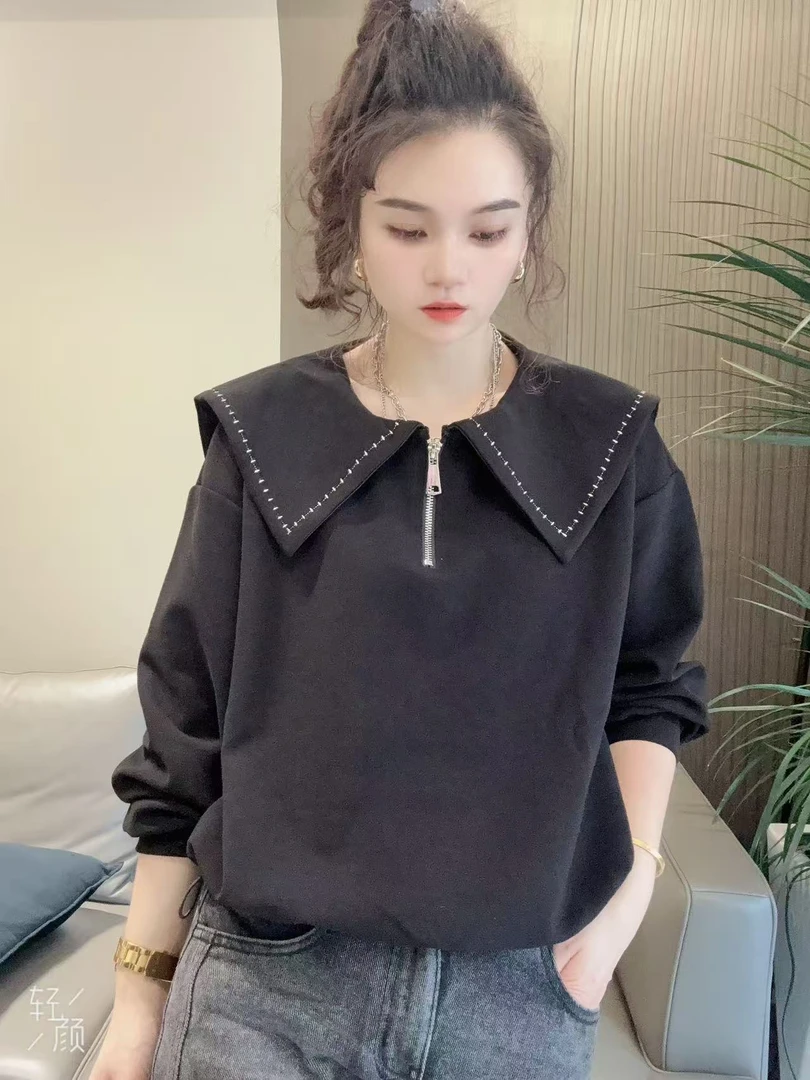 秋季新款娃娃领纯色气质减龄时尚百搭女款卫衣5805