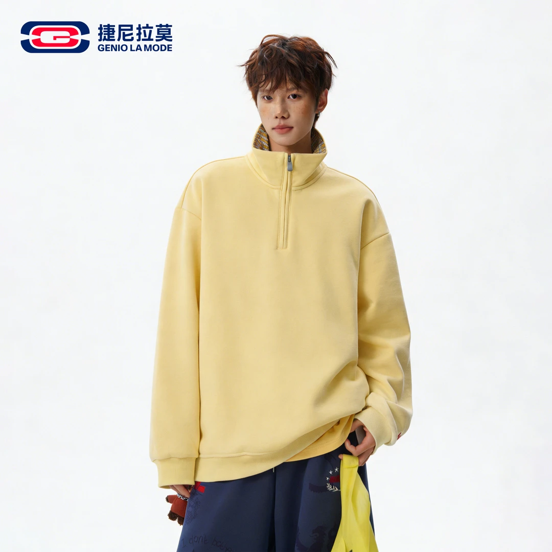 【敖瑞鹏代言】捷尼拉莫拼格纹半拉链卫衣男女秋冬宽松休闲立领上衣