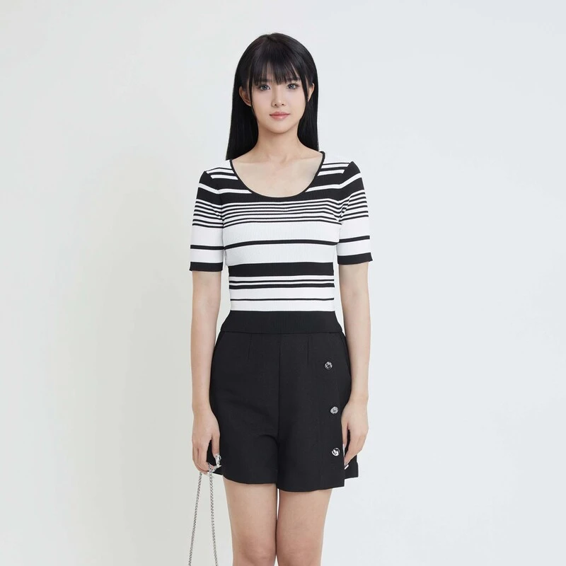 sdeer圣迪奥女装简约圆领撞色条纹短袖针织衫S24283506