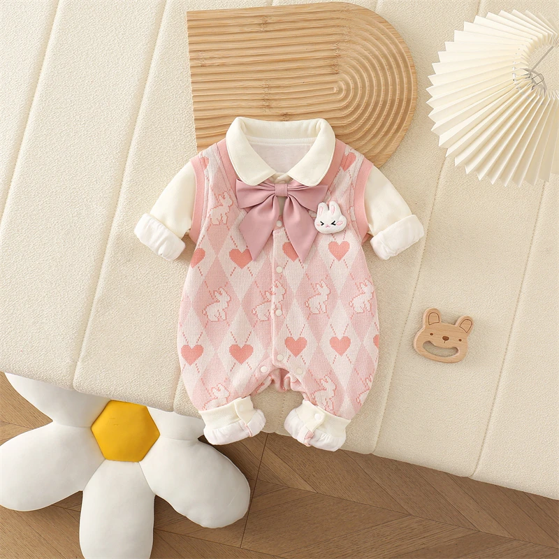 婴儿学院风女宝宝双层连体衣可爱兔子卡通长袖爬爬服春装外出服